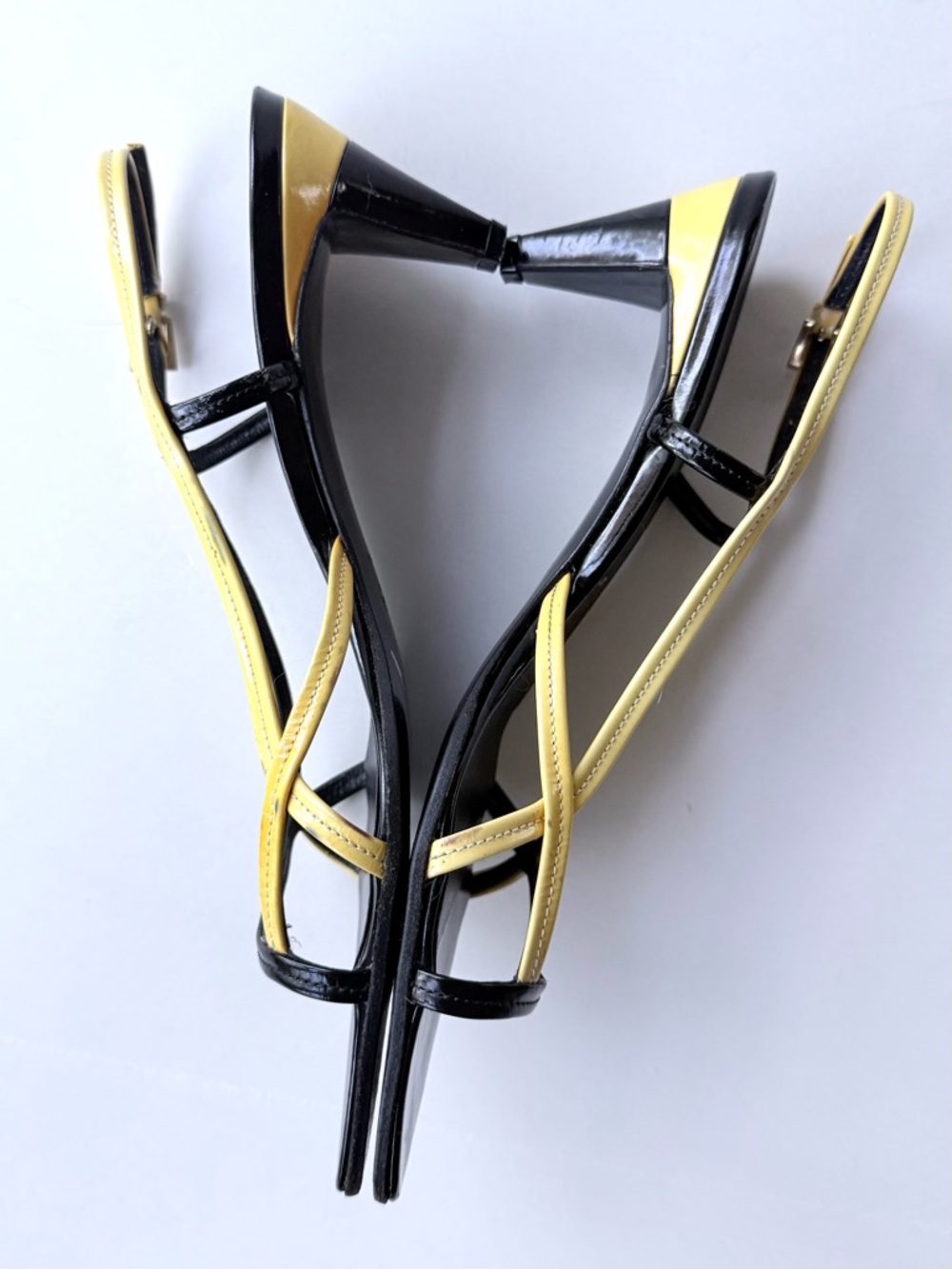 Vintage Prada Black & Yellow Patent Leather Strappy Slingback Sandal Heels 39.5 - Picture 13 of 16